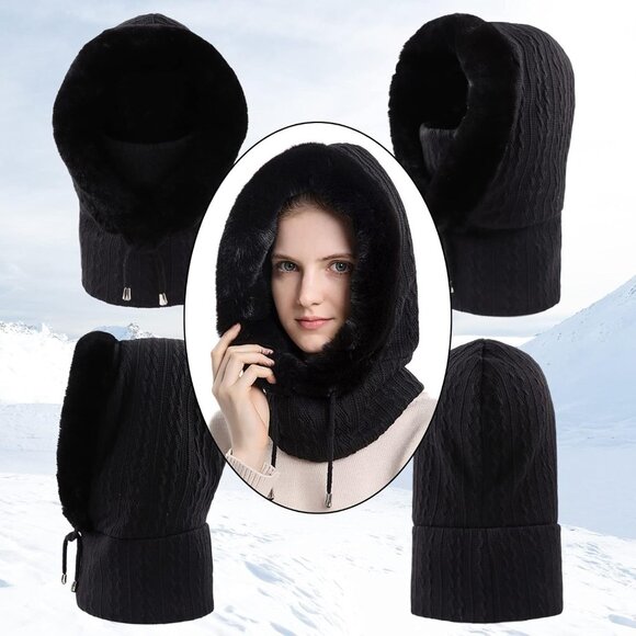 Women Black Polyester Warm Thick Fluff Beanie Adult Neck Face Winter Balaclava - Picture 3 of 7
